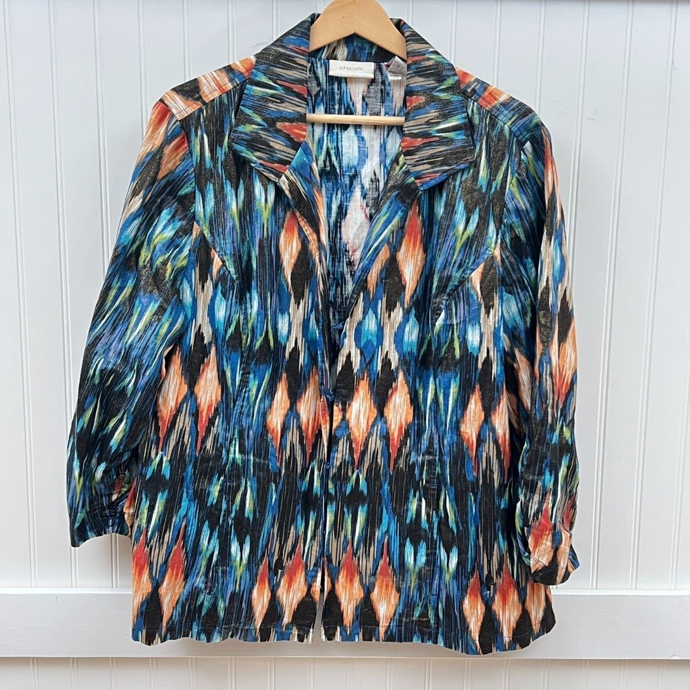 Chico's Blazer Artsy Maximal Ikat Shimmer XL Womens Vibrant Abstract Art to Wear